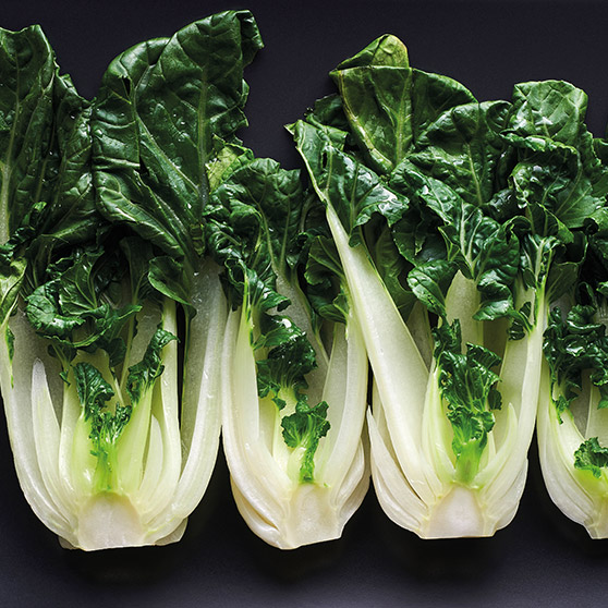 Čtyři čerstvé hlávky bok choy s bílými stonky a zelenými listy – jemně připravené pomocí CHEF'S COMBI od HOBARTU pro zachování čerstvosti a živin.