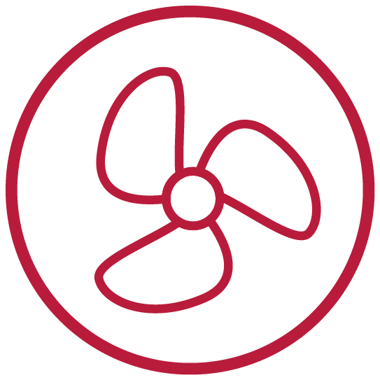 Červený kruh s ventilátorem – označuje cirkulaci vzduchu nebo ventilaci.
