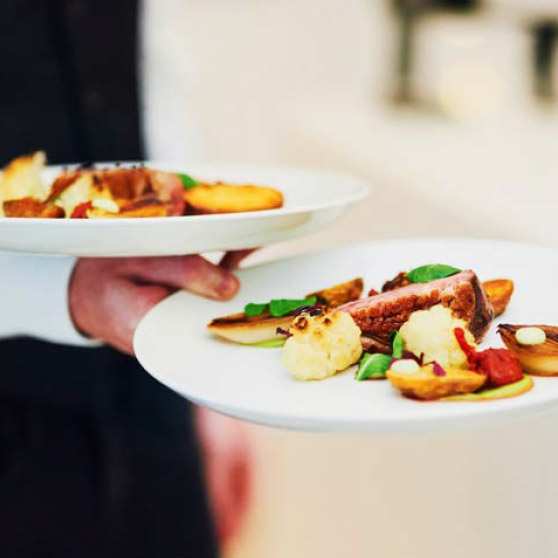 Osoba drží dva elegantně servírované talíře s masem, pečenou zeleninou a jemnými ozdobami – připravené pomocí CHEF'S COMBI od HOBARTU pro nejvyšší standardy profesionální kuchyně.