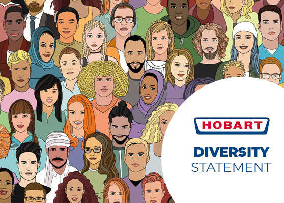 Ilustrace mnoha různorodých osob jako symbol inkluze a rovnosti, vedle loga HOBART s textem „Diversity Statement“ zdůrazňujícím závazek firmy k diverzitě.