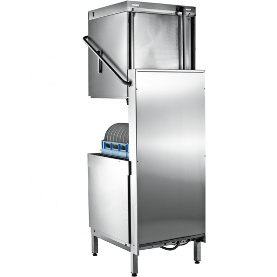 Průchozí myčka nádobí HOBART z nerezové oceli s košem na talíře, ideální pro efektivní a hygienické čištění v gastronomii.