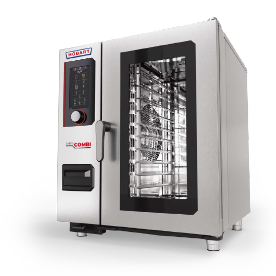 Kombinovaná trouba HOBART CHEF COMBI s velkým oknem, nerezovým krytem a intuitivním dotykovým ovládáním, ideální pro profesionální vaření v páře a horkém vzduchu.