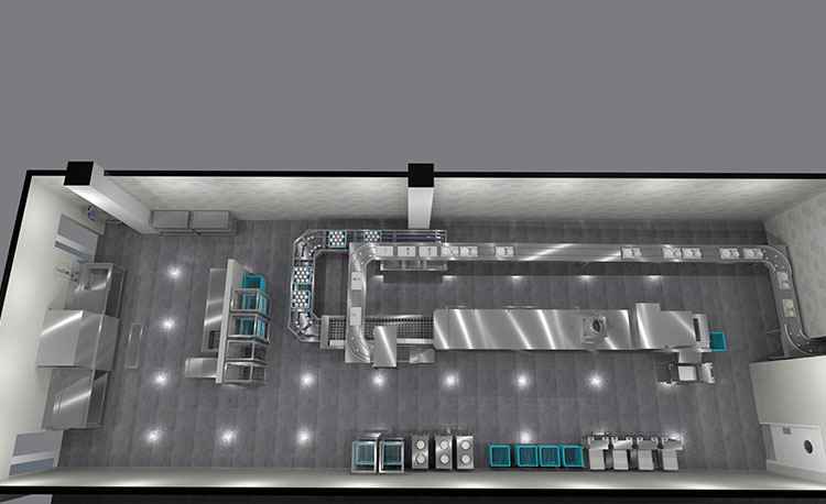 Ukázková plánování HOBART FLOW Line autoLINE z pohledu shora, automatický mycí systém s dlouhým dopravníkem a oblouky pro efektivní čištění nádobí a sklenic, nerezová konstrukce pro hygienické a optimalizované procesy.