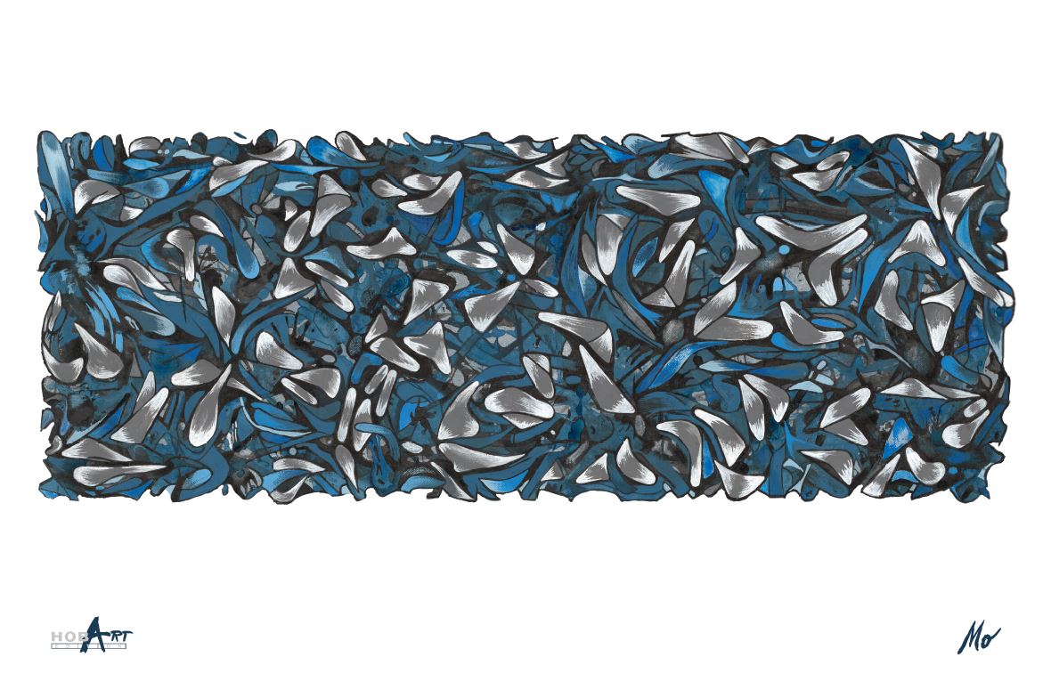 Abstraktní malba tvořená množstvím malých, klínovitých tvarů připomínajících křídla v odstínech modré, šedé a bílé, které se pohybují v dynamickém, avšak harmonickém celku, symbolizujícím individualitu a spolupráci v duchu HOBART.