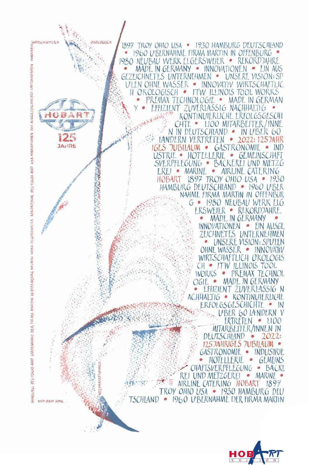Kaligrafické umělecké dílo od Bärbel Schulz pro edici HOBART 2022, vytvořené v červené a modré barvě značky. Dynamická kompozice propojuje abstraktní kaligrafii s historickými milníky společnosti a symbolizuje 125 let tradice, inovací a budoucího rozvoje.